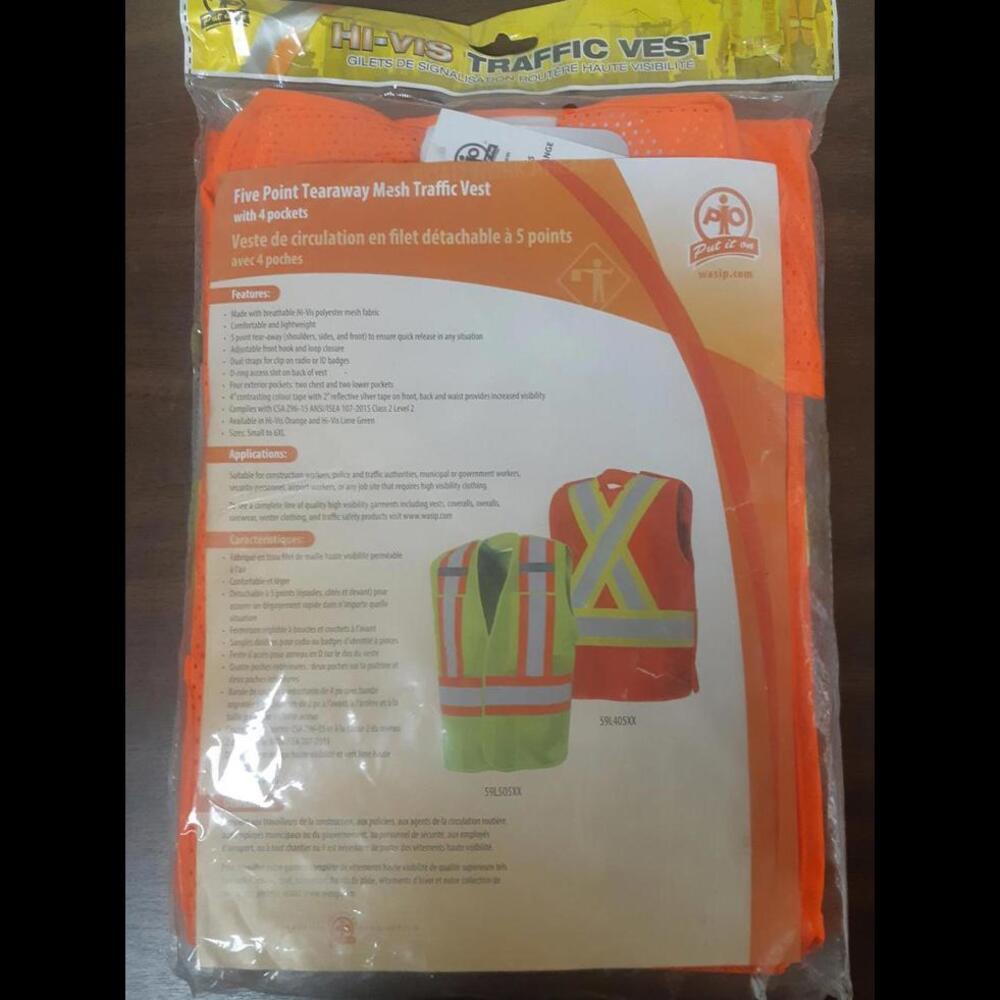 WASIP Hi-Vis Five Point Tearaway Mesh Traffic Vest - Orange, XL